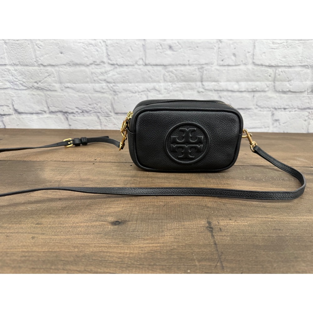 Tory Burch Perry Bombe Mini Bag Black Pebbled Leather Crossbody Camera Bag - Picture 3 of 15